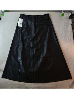 ZARA Women’s L Black Faux Leather A-Line Midi Skirt High Waist NWT